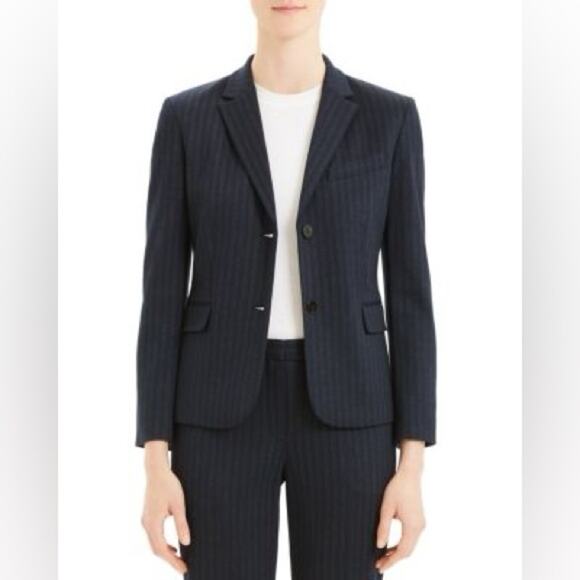 Theory Classic Shrunken Pale Stripe Knit Blazer Jacket Navy Blue Womens Size 0 - Picture 1 of 8